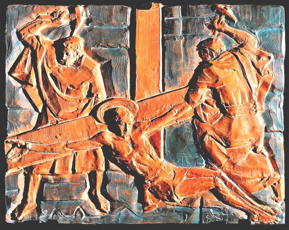 XI Stazione Gesù è inchiodato alla croce Giunti sul Golgota lo crocifissero e con lui altri due: uno da una parte e uno dall altra e Gesù nel mezzo.