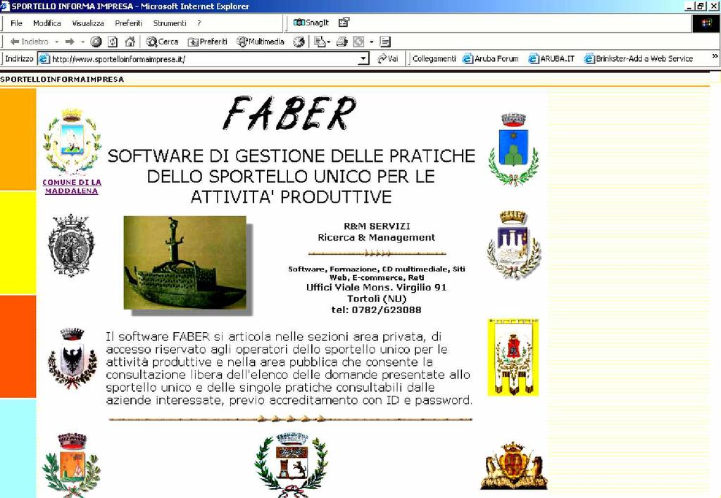 HOMEPAGE home page del software Faber si apre sotto forma di Portale web che ospita gli stemmi dei vari Comuni aderenti alla gestione associata dello Sportello