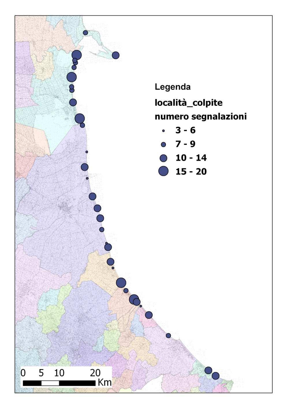 segnalate; le maggiormente colpite (>15) sono: Lido di