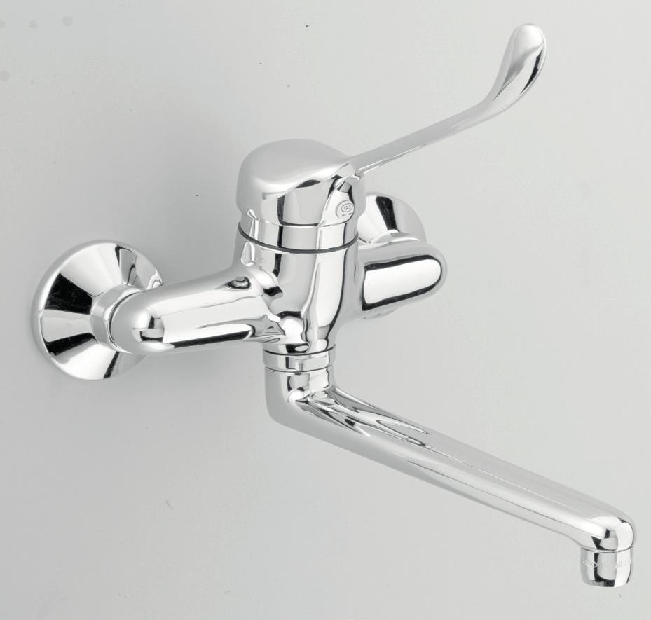 wall mounted single lever sink mixer with swivel spout.
