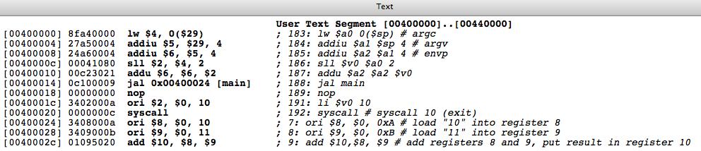 Uso della memoria Richiamo: argc Argument count argv Argument vector envp Environment parameters 0x7fffffff 0x7fffeffc riservata stack sp-> ## Program adds 10 and 11.text.