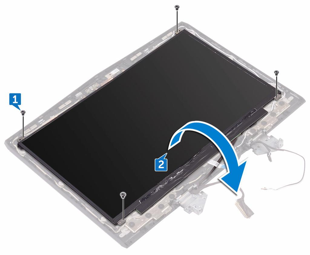 Procedura 1 Rimuovere le quattro viti (M1.6 x 2) che fissano il pannello dello schermo al coperchio posteriore dello schermo e al gruppo dell'antenna.