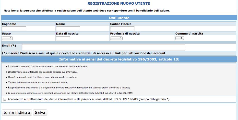 Cliccando il link Nuova registrazione, verrà visualizzata la scheda da compilare in cui vengono richiesti i dati del richiedente cioè di colui che richiede di partecipare ai percorsi linguistici.