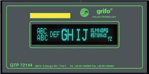 ITALIAN TECHNOLOGY grifo Codici Caratteri 0 15 (00 0F Hex) Definibili da utente 16 31 (10 1F Hex) Speciali e variabili in funzione del display installato 32 127 (20 7F Hex) ASCII standard 128 255 (80