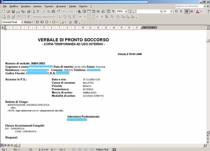 Es. I verbali di pronto soccorso in linea Nb: Nel rispetto della
