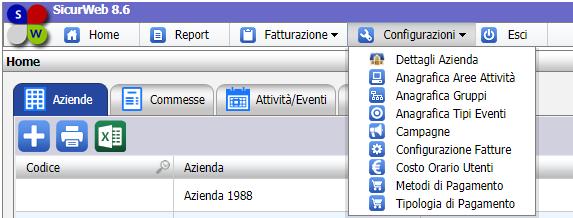 1.4.4. CONFIGURAZIONE Selezionando il menù Configurazioni si apre un pannellino contenente le seguenti voci: Dettagli azienda: vengo riportati i dettagli dell azienda inserita nel database di sicurweb.