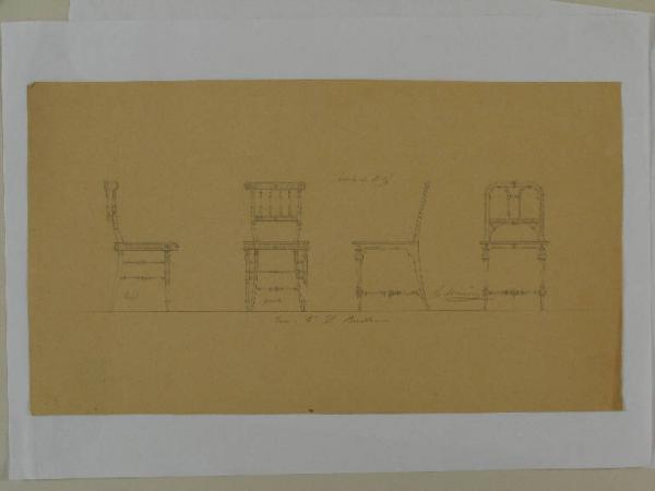 Disegno di sedia, vista di fronte e di profilo, per lo Chalè Biester a Sintra Manini Luigi Link risorsa: http://www.
