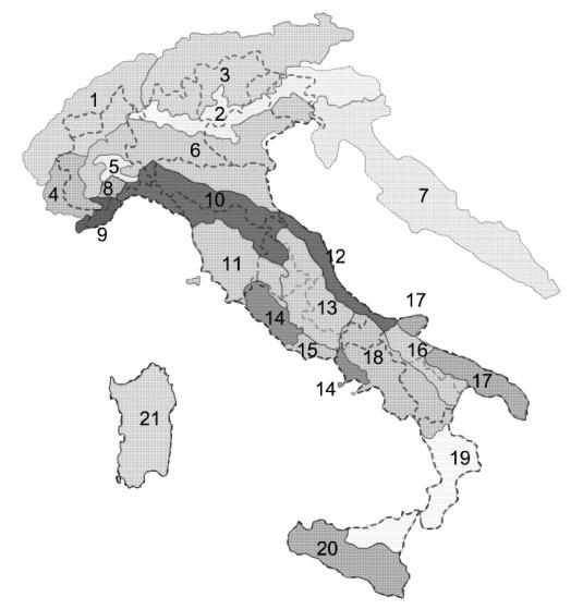 Figura 1.1 Rappresentazione delle Idro-ecoregioni italiane con relativi codici numerici, denominazioni e confini regionali Idro-ecoregioni Cod.