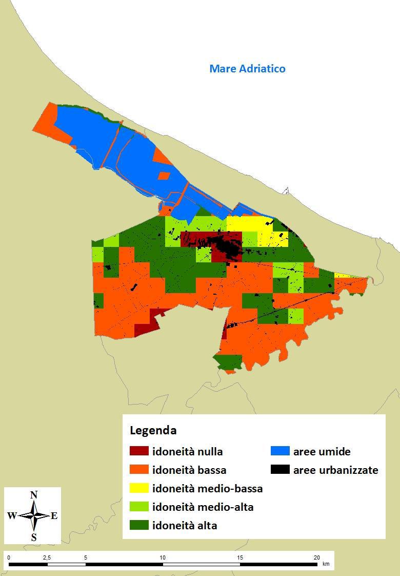 8.3.10 Trinitapoli Il territorio comunale è classificato a idoneità nulla per il 5,5% (804,77 ha), a idoneità bassa per il 57,3% (8.