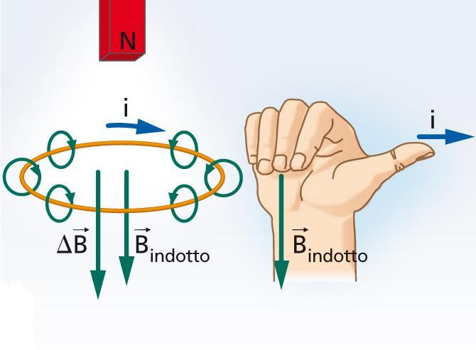 Circola in senso orario? Se la corrente indotta circola in senso orario, B indotto è diretto verso il basso e rinforza l aumento di B (ΔB).