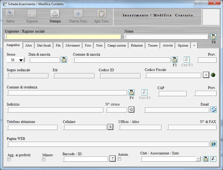 INSERIMENTO E GESTIONE ANAGRAFICHE TESSERATI (torna all'indice) Il software consente di gestire un archivio di contatti. Ad ogni contatto è possibile associare una o più tessere (o iscrizioni).