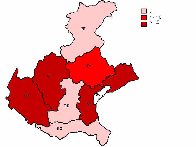 Distribuzione provinciale Fino al 90 la distribuzione territoriale della malattia era caratterizzata da differenze molto marcate tra le diverse province Venete con una elevatissima incidenza nella