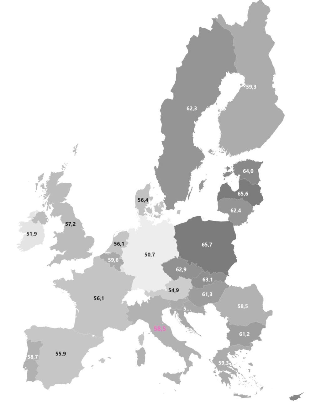 SEGREGAZIONE VERTICALE I paesi europei con la maggior presenza di laureate e dottoresse di ricerca, percentuale sul totale dei laureati e dottorati di ciascun paese Nel 2016 la quota di donne