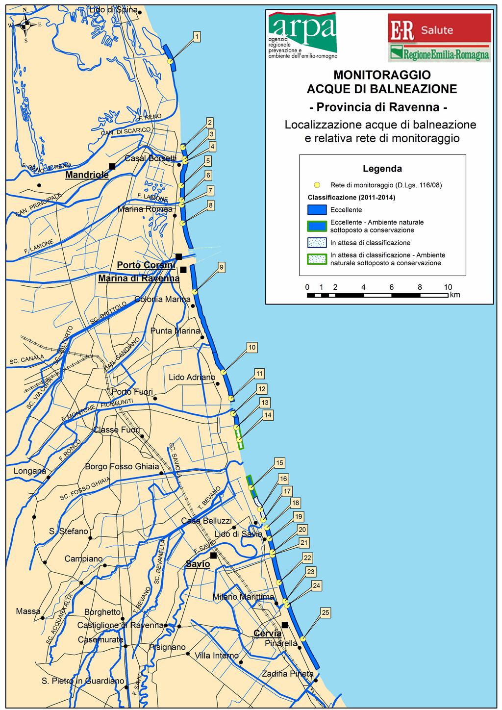 Mappa delle acque di balneazione e dei punti di campionamento PROVINCIA DI RAVENNA Referente Arpa Ravenna: Cristina Laghi Tel.