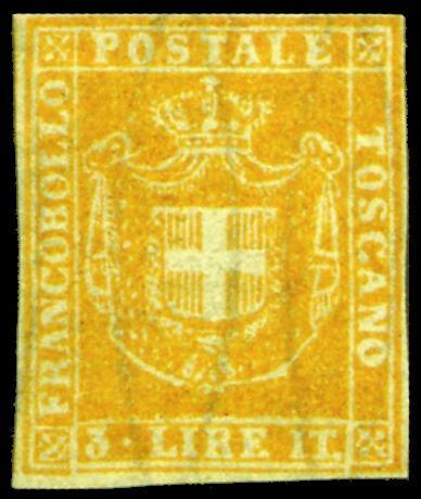 23 3 lire ocra arancio Prima data conosciuta 7 gennaio 1860 Sono note due sole lettere affrancate con questo francobollo. 3L.
