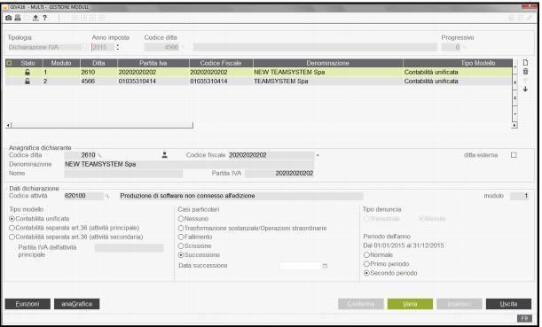 Selezioniamo ora la ditta 4566 indicando come caso particolare Successione e Primo periodo : Rimane da indicare correttamente il numero dei moduli utilizzando la scelta Ordina presente nel bottone