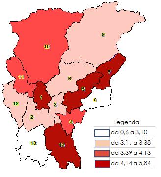 Mappa 13 - Incidenza utenza con sostanza primaria alcol - Tassi su 10.000 abitanti - Anno 2017 Tab. 77 - Incidenza degli utenti con sostanza primaria Alcol per Ambito Territoriale per 10.000 abitanti. Tassi. Anno 2017 Ambito Nuova Utenza con sostanza primaria alcol Popolazione residente Incidenza per 10.