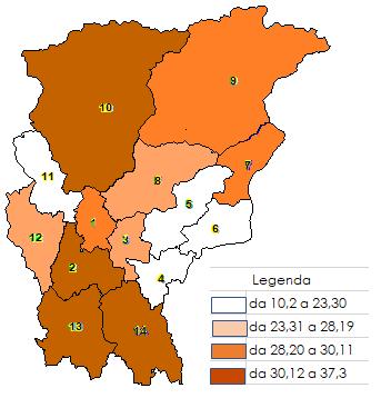 11 - Valle Imagna e Villa d'almé 40 6.537 61,2 12 - Isola B. 71 15.593 45,5 13 - Treviglio 74 12.732 58,1 14 - Romano 57 10.179 56,0 Provincia di Bergamo 696 133.