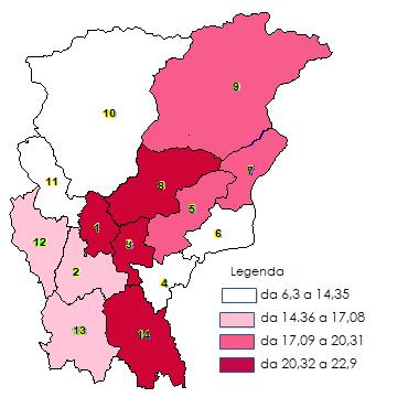 Graf. 109 Nuove donne afferite ai Servizi provinciali per le dipendenze, residenti in provincia di Bergamo, suddivise per residenza Valori assoluti Serie storica 2015-2017 300 250 265 245 277 200 224