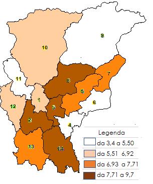 Mappa 6 - Incidenza utenza con sostanza primaria una qualsiasi sostanza illegale - Tassi su 10.000 abitanti. Anno 2017 Tab.