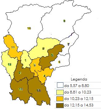 Mappa 8 - Prevalenza utenza con sostanza primaria cocaina - Tassi su 10.000 abitanti - Anno 2017 Tab. 47 - Prevalenza degli utenti con sostanza primaria COCAINA per Ambito Territoriale per 10.