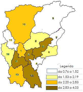 Mappa 9 - Incidenza utenza con sostanza primaria cocaina - Tassi su 10.000 abitanti - Anno 2017 Tab. 49 - Incidenza degli utenti con sostanza primaria COCAINA per Ambito Territoriale per 10.