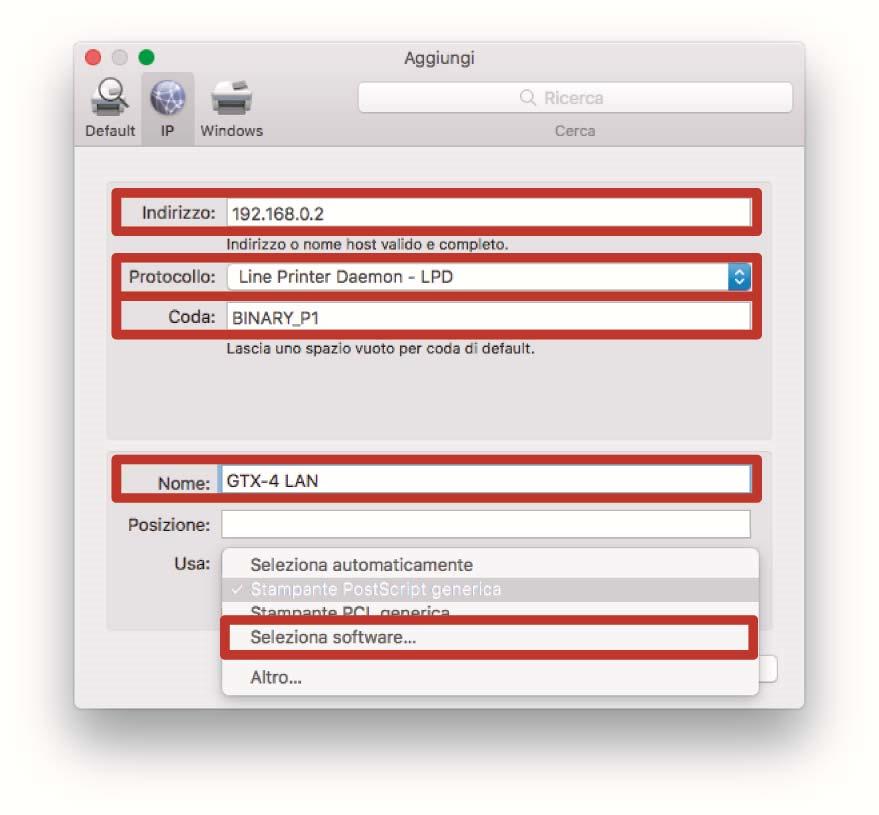 Collegamento della stampante al PC Macintosh (Computer Apple) (5) In [Indirizzo], inserire l'indirizzo IP