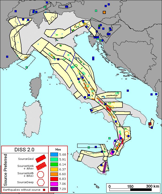 Figura - Zonazione sismogenetica a confronto con la distribuzione delle sorgenti sismogenetiche contenute nel database DISS 2.0.