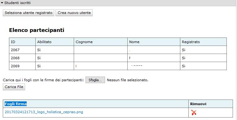 6.2 Studenti iscritti: E possibile inserire un nuovo utente tramite il tasto Crea nuovo utente (vanno compilati i campi: nome, cognome, Codice Fiscale ed email).