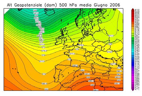 Figura 5. Giugno 2006, altezza di geopotenziale a 500 hpa e temperatura a 850 hpa: media per l anno del 2006 e anomalia rispetto alla climatologia.