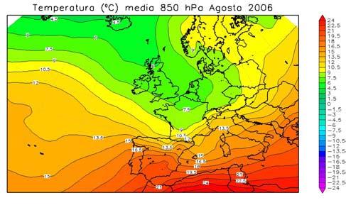 Figura 6. Agosto 2006, altezza di geopotenziale a 500 hpa e temperatura a 850 hpa: media per l anno 2006 e anomalia rispetto alla climatologia.