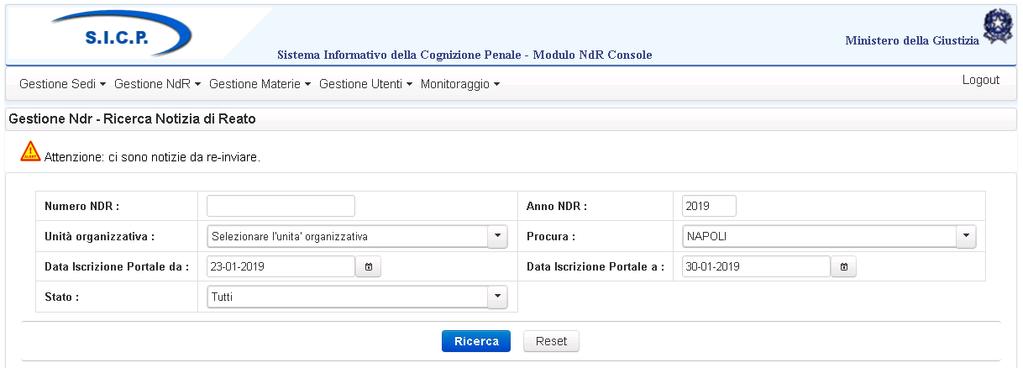 MONITORAGGIO TRAMITE LA FUNZIONE CONSOLLE PORTALE NDR