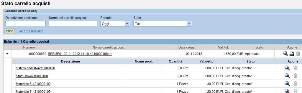 Modificare / visualizzare Shopping Basket Nella sezione Cercare carrello acq., in Stato carrello acquisti, è possibile impostare diversi criteri di ricerca al fine di selezionare il proprio carrello.