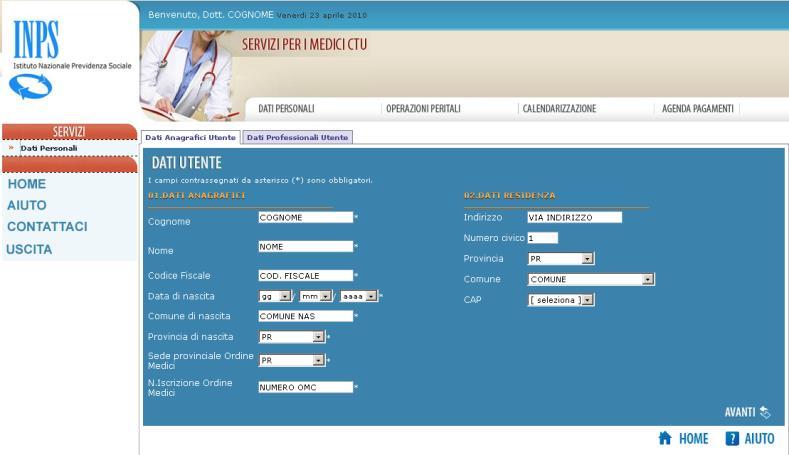 Funzionalità Dati Personali Al primo accesso al Portale, il medico CTU deve inserire le informazioni personali e