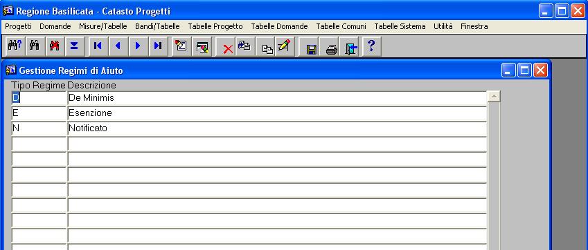 Catasto Progetti Manuale Utente 7 Regimi di Aiuto Questa sezione contiene la gestione delle tabelle ed i vari programmi per i regimi di aiuto applicati dalla Regione Basilicata. 7.1 Gestione Regimi Questo programma definisce i vari regimi di aiuo in funzione presso la Regione.