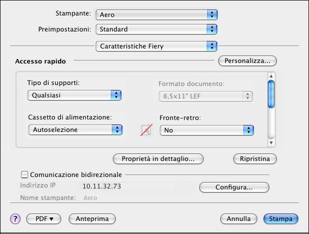 MAC OS 58 PER IMPOSTARE LE OPZIONI E STAMPARE DA MAC OS X 1 Dall applicazione, selezionare File > Stampa e selezionare Fiery Controller come stampante.