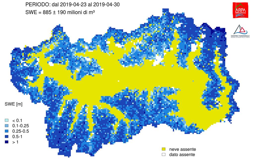 SWE e SCA La SWE (Snow Water Equivalent) rappresenta l equivalente in acqua del manto nevoso.