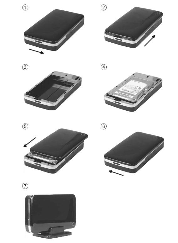 IV. Installazione hardware 1. Portare l'interruttore sulla posizione [OPEN]. 2. Portare il coperchio superiore in direzione della presa USB. 3. Rimuovere il coperchio superiore 4.