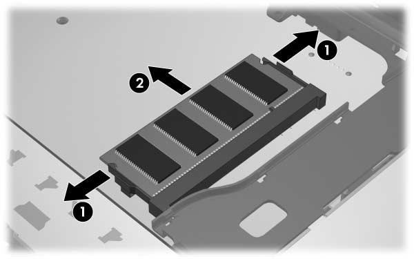 11. Rimuovere il modulo di memoria dal relativo slot: a. Aprire i gancetti di fissaggio 1 sui due lati del modulo. Il modulo di memoria si inclina verso l'alto.