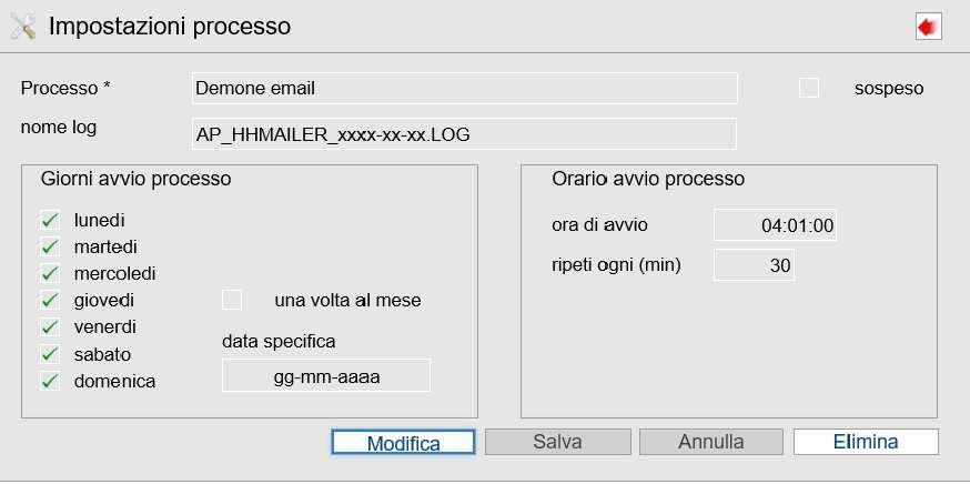 Dalla procedura Ambiente: accedere alla funzione Impostazione sistema / Processi / Agenda; selezionare con doppio clic la voce Demone email in corrispondenza della colonna Processo da avviare.