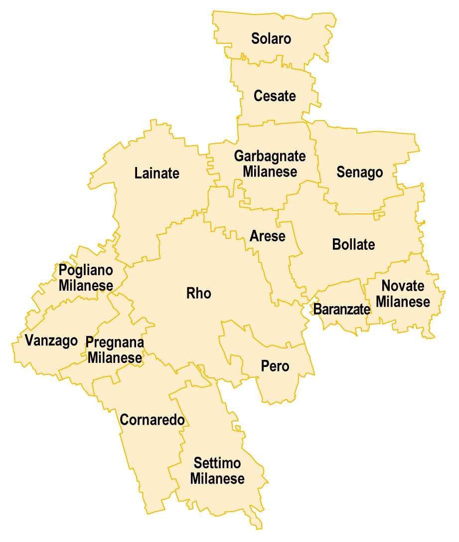 La zona omogenea Nord Ovest è formata da sedici comuni. La superficie territoriale è l 8,62%, mentre la popolazione è il 9,85% del territorio della città metropolitana.