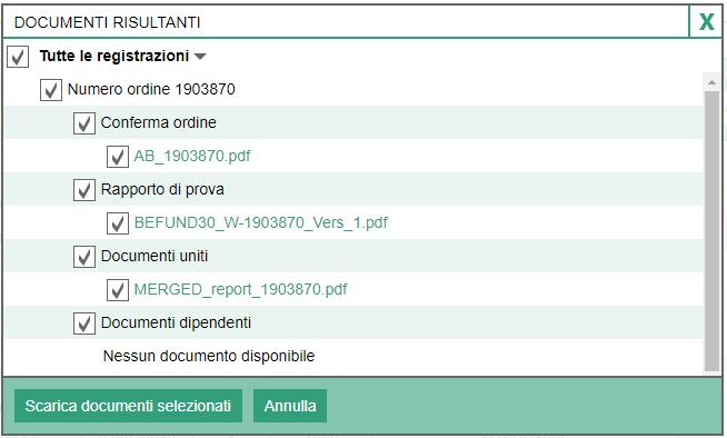 Documenti Dopo aver selezionato uno o più ordini e campioni, è possibile selezionare Documenti nella barra arancione.