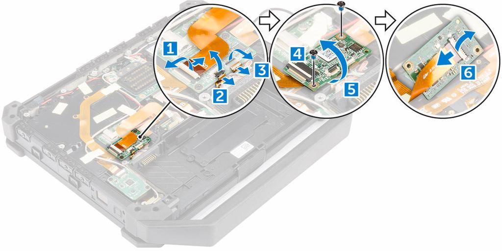 Rimozione della scheda USH 1. Seguire le procedure descritte in Prima di effettuare interventi sui componenti interni del computer. 2. Rimuovere: a. batteria b. coperchio della base 3.