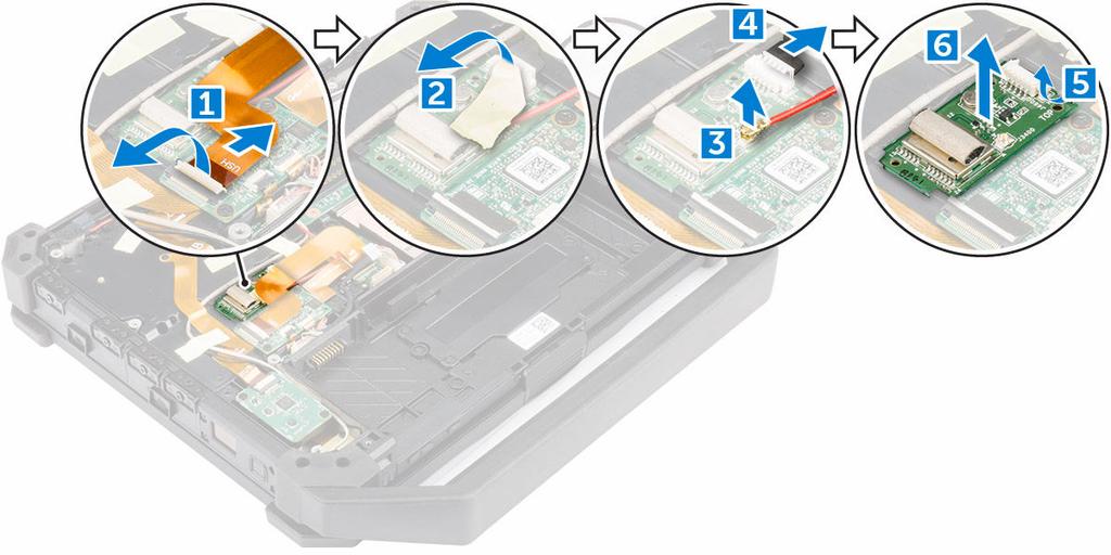 Rimozione del modulo GPS (Global Positioning System) 1. Seguire le procedure descritte in Prima di effettuare interventi sui componenti interni del computer. 2. Rimuovere: a. batteria b.