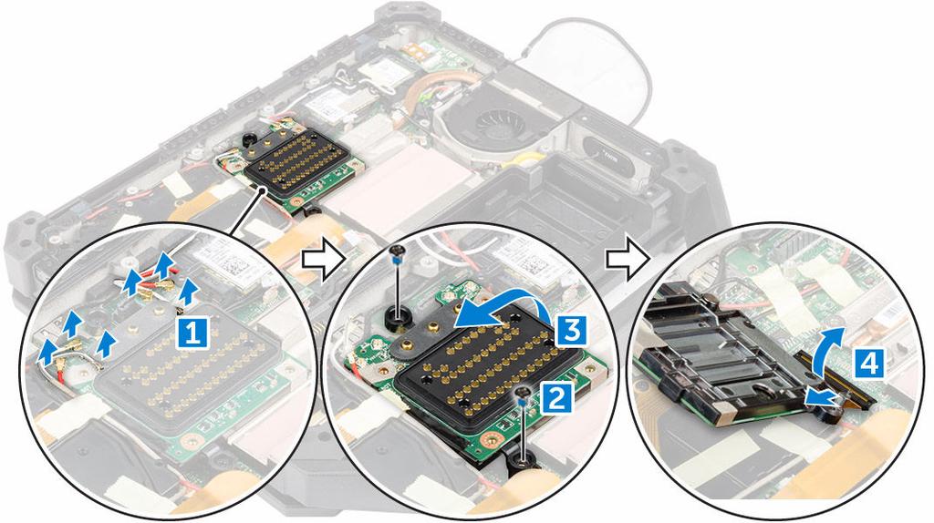 d. Scollegare il cavo del connettore della scheda di alloggiamento dalla scheda di sistema sollevando la linguetta di sbloccaggio del cavo ed estraendo quest'ultimo dal telaio del computer [4].