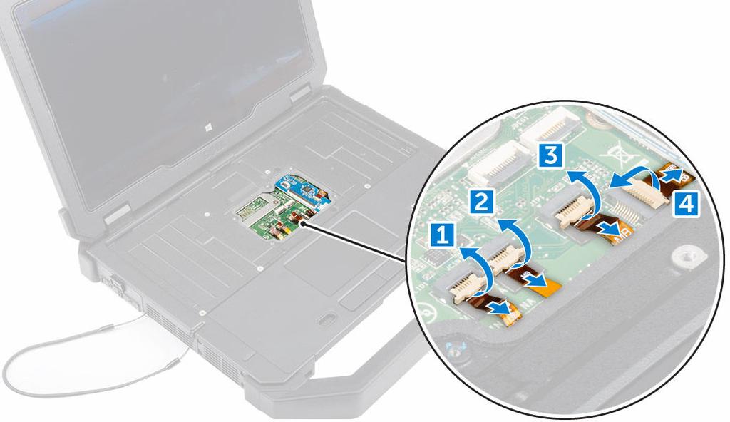 4. Scollegare i cavi seguenti dalla scheda di sistema: a. cavo LED [1] b. cavo della batteria a bottone [2] c.