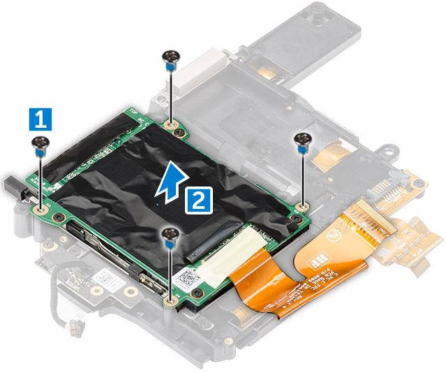 Installazione del modulo ExpressCard 1. Inserire la scheda ExpressCard nello slot. 2. Installare le viti che fissano la scheda ExpressCard. 3. Installare: a. staffa della scheda b. disco rigido c.