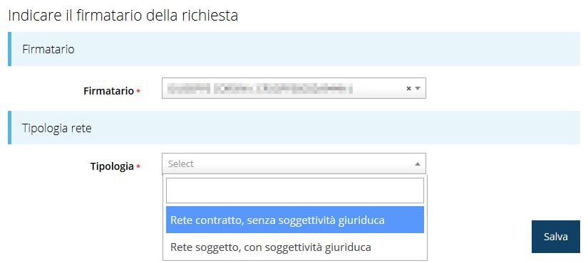 Figura 18 - Selezione Firmatario e Tipologia Selezionato il Firmatario e la Tipologia premete il pulsante Salva: si viene in tal modo indirizzati al Dettaglio richiesta. 3.4.