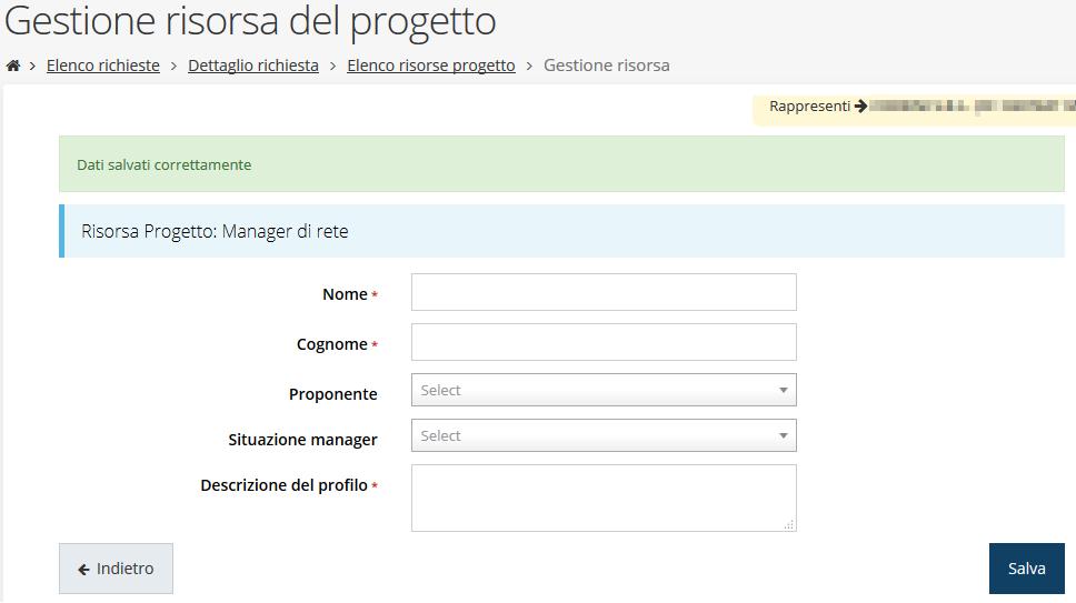 Figura 47 - Dati del "Manager di rete" Facciamo notare come i due campi denominati Proponente e Situazione manager sono fra loro alternativi: