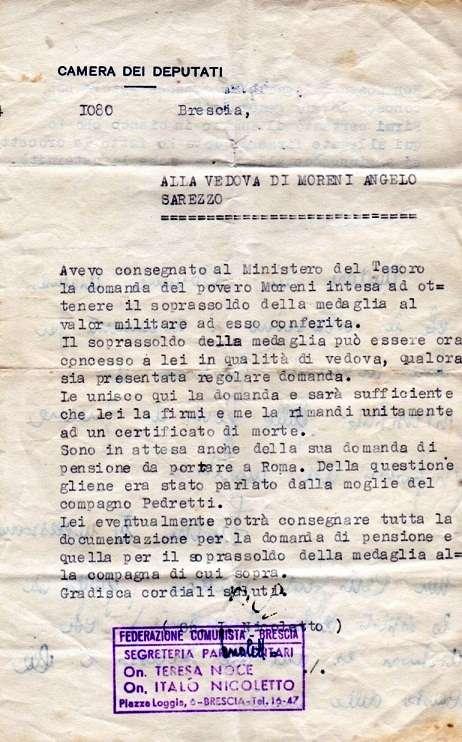 Isaia Mensi p. 120 Angelo Moreni 7 Segnalazione dell On. Nicoletto alla vedova Moreni (post 1954) 8 Il percorso di Angelo Moreni per ottenere la pensione di guerra Angelo Moreni in data 27.05.